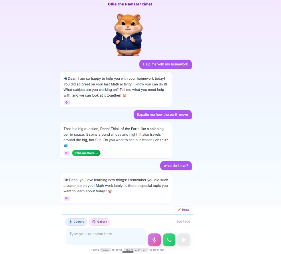 A child chatting with iRainbow's friendly AI tutor buddy Ollie for homework help, with voice mic and call buttons to talk it through out loud