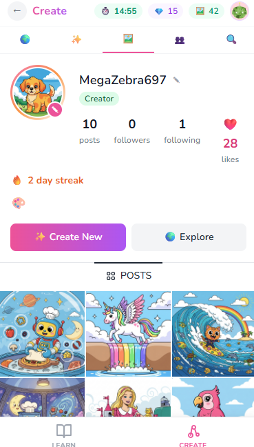 iRainbow Create  - creator profile with artwork gallery, followers, and streak counter